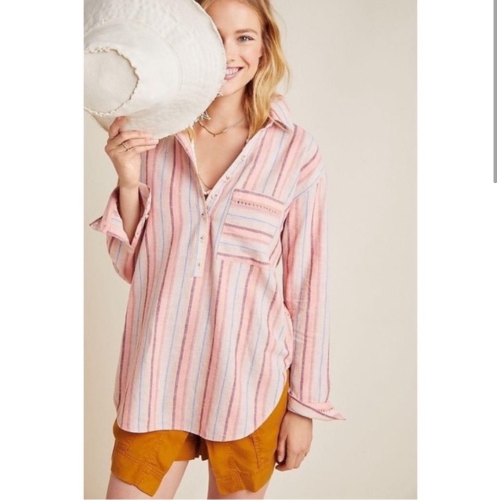 Anthropologie Maeve Anthropologie Striped Linen Blend Shirt Size Small